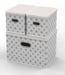Úložný box s víkem - sada 3 ks bílá kytičky