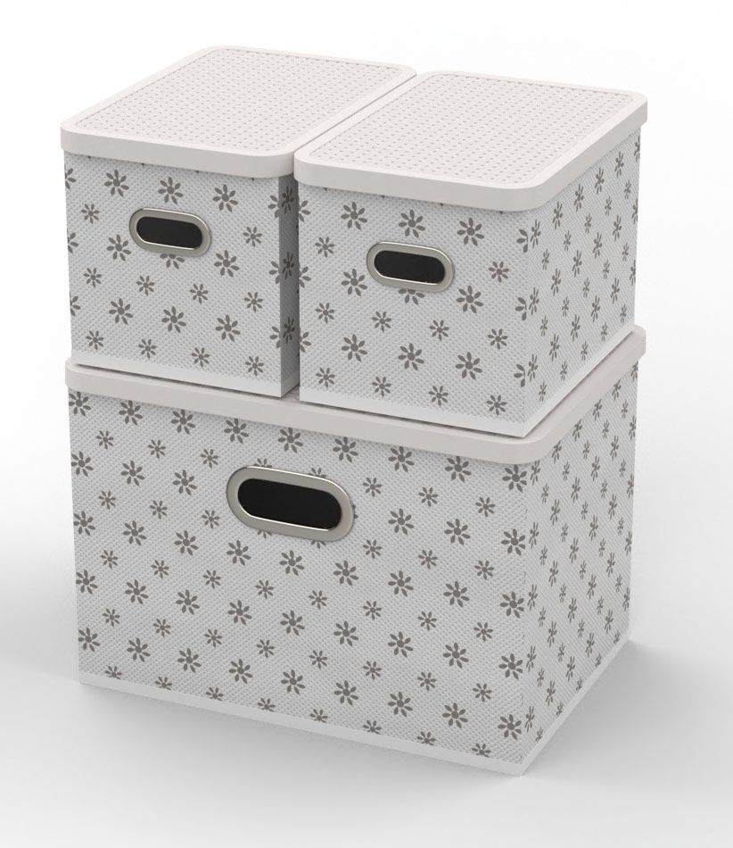 Úložný box s víkem - sada 3 ks bílá kytičky - bílá - kytičky HomeLife